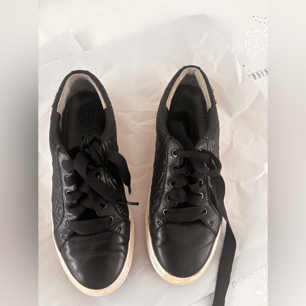 Black Quilted Tory Burch Black Sneakers with White Soles